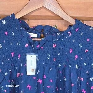 Maurices Navy Floral Smocked Ruffle Neck Sleeveless Blouse Top Women Size 3